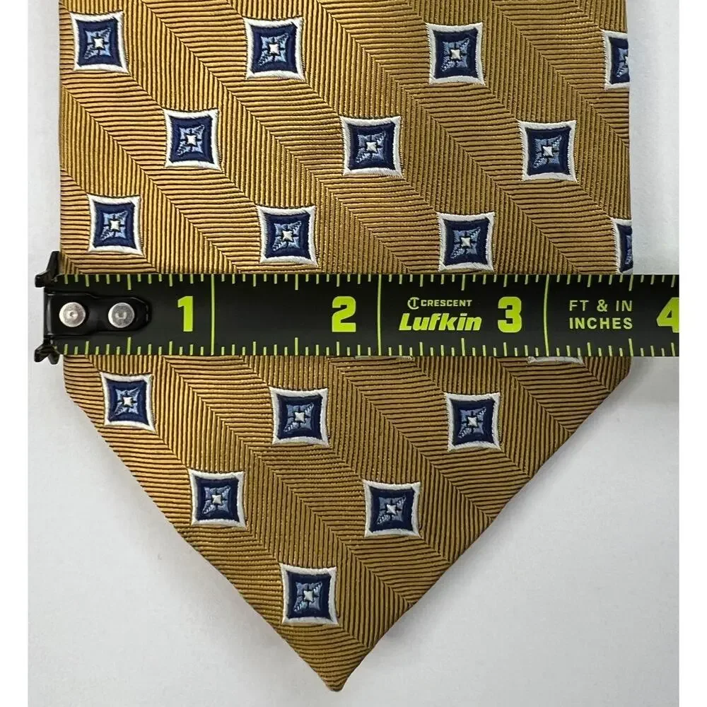 Jos A Bank 100% Silk Tie Gold Blue Geometric Herringbone Classic